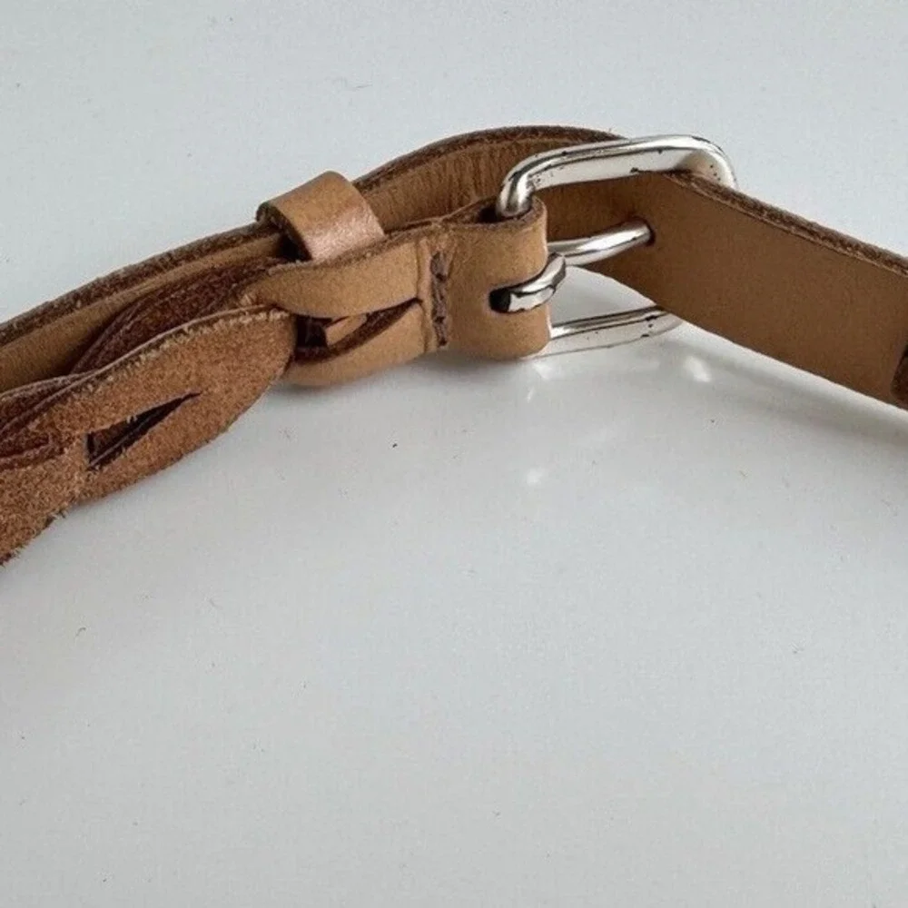 Tan Braided Leather Skinny Belt Silver Buckle Boho Cinch Waist Casual Chic 47-77